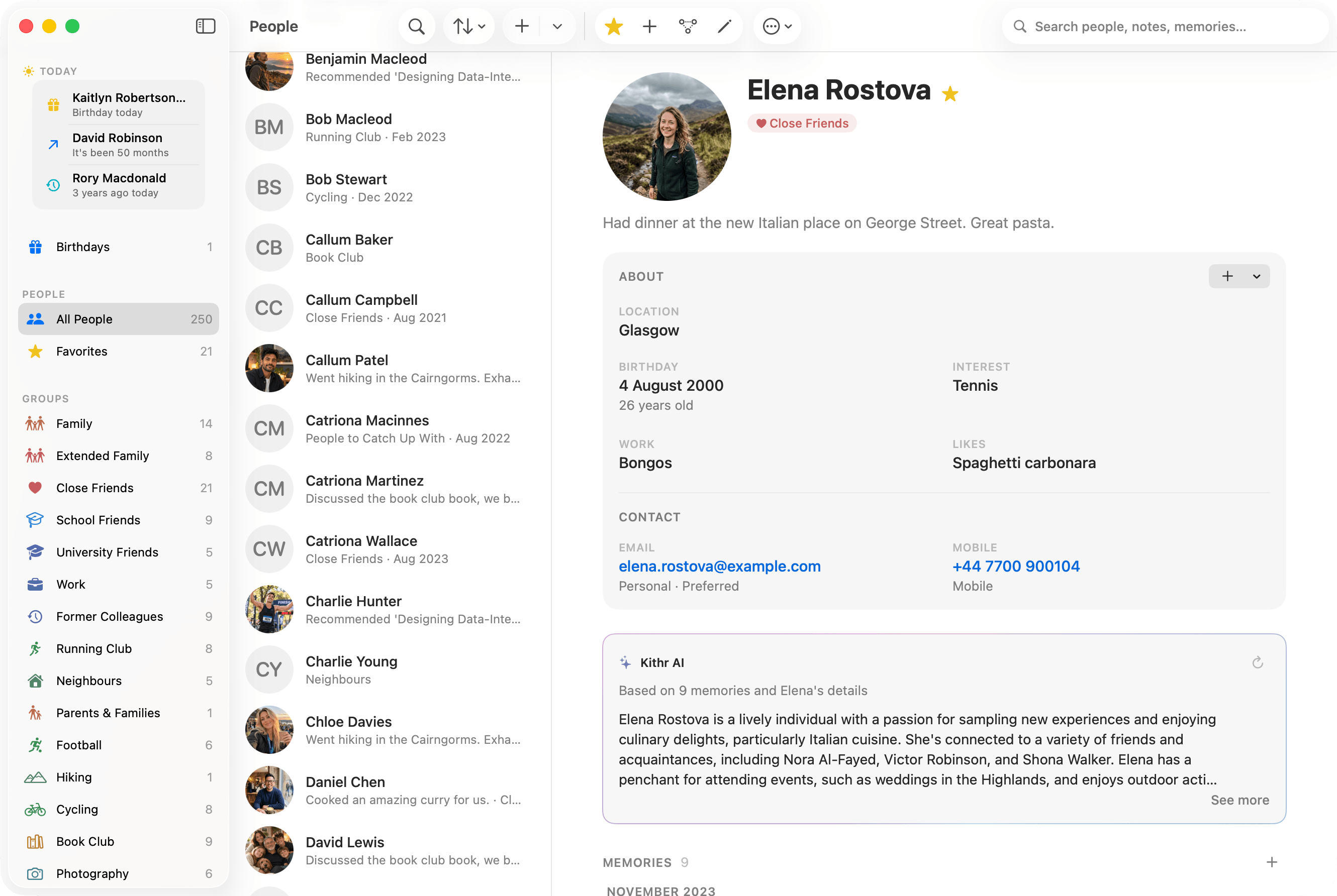 Person details in Kithr on Mac